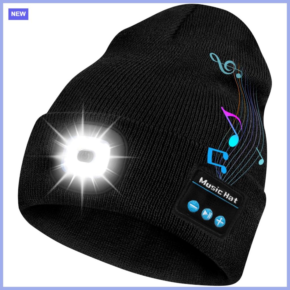 Bluetooth Beanie Hat With Led Headlight And Built-In Speakers